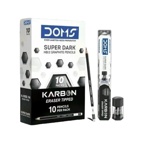 DOMS Karbon Eraser Tipped Super Dark Pencil | Pack of 10 (100 Pencils)