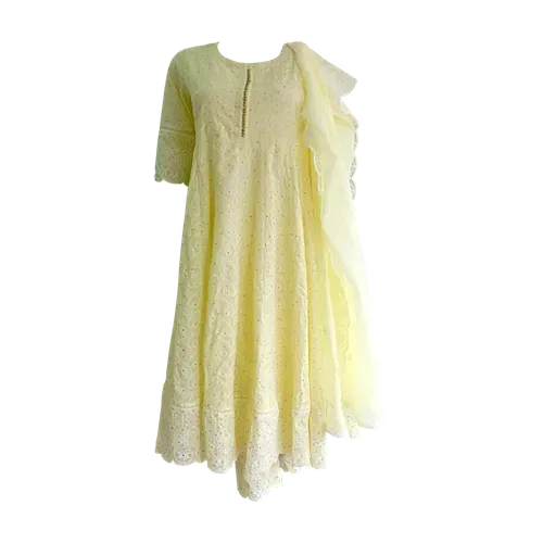 Cotton Ready Made Heavy Party Wear Yellow Gown For Girls